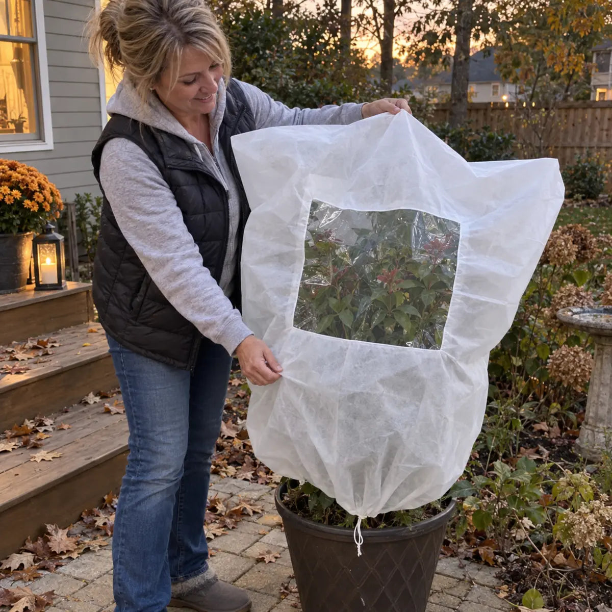 Customer placing frost cover over a large potted plant