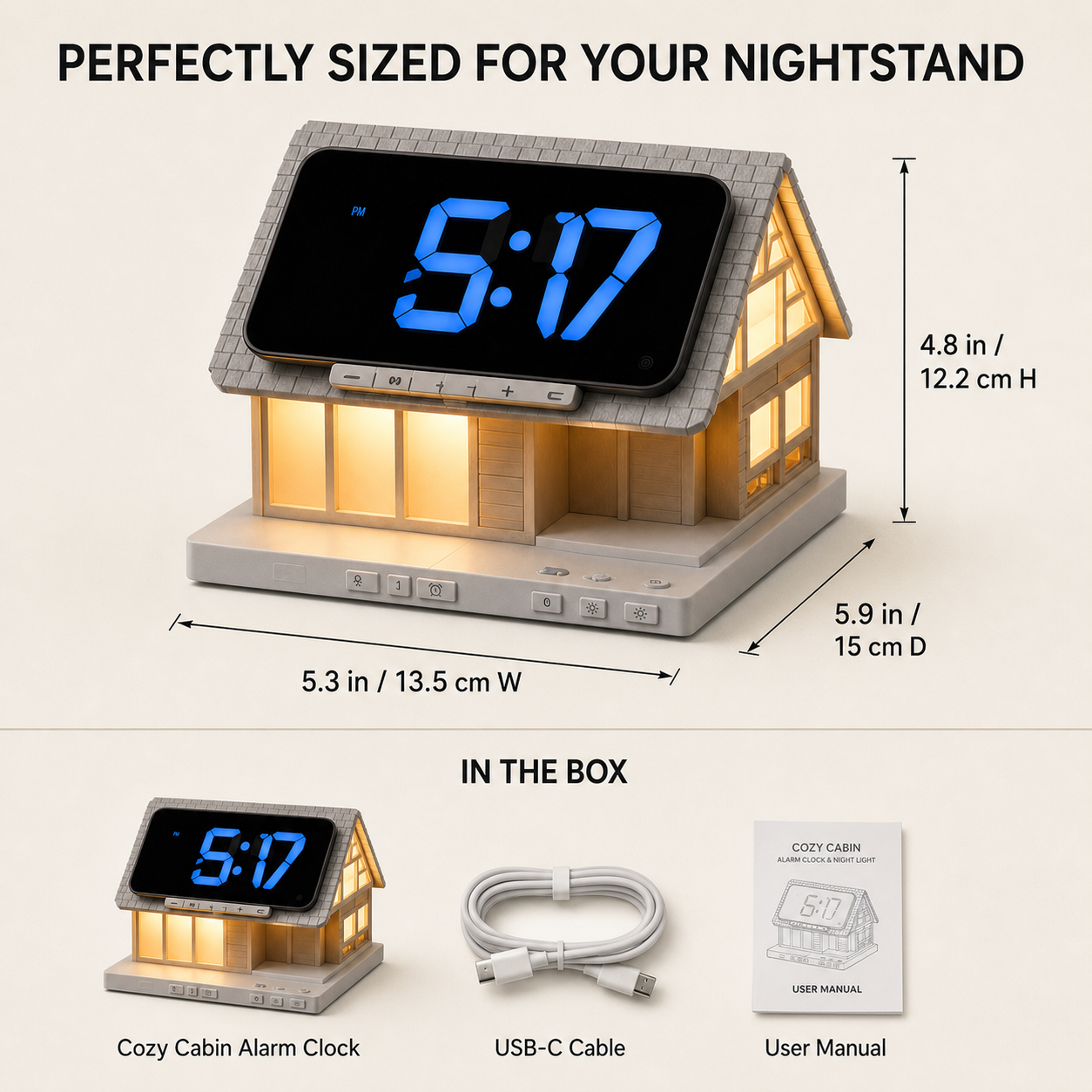 🏡✨ Cozy Cabin 4-in-1 Bedside Station – Alarm Clock, Night Light, White Noise & Wireless Charger
