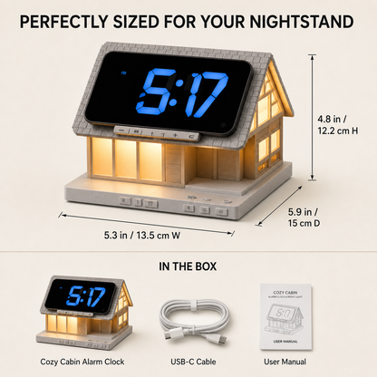 🏡✨ Cozy Cabin 4-in-1 Bedside Station – Alarm Clock, Night Light, White Noise & Wireless Charger