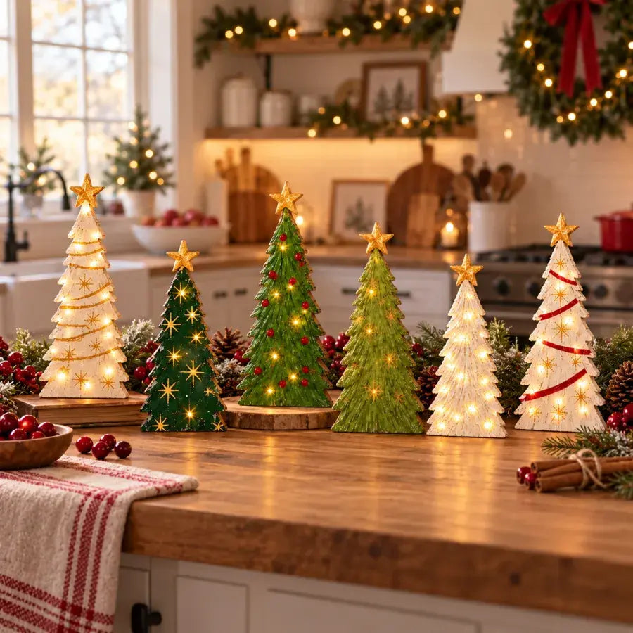 Customer-style kitchen display with all six vintage lighted wooden trees