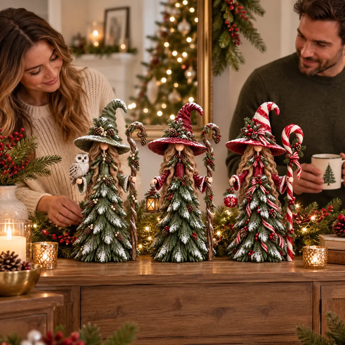 Couple arranging the three Christmas figurines in a festive room