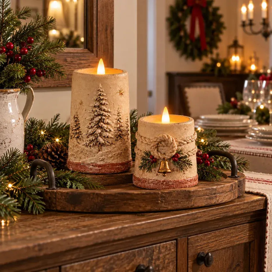 Two rustic LED Christmas candles arranged on a dining-room cabinet