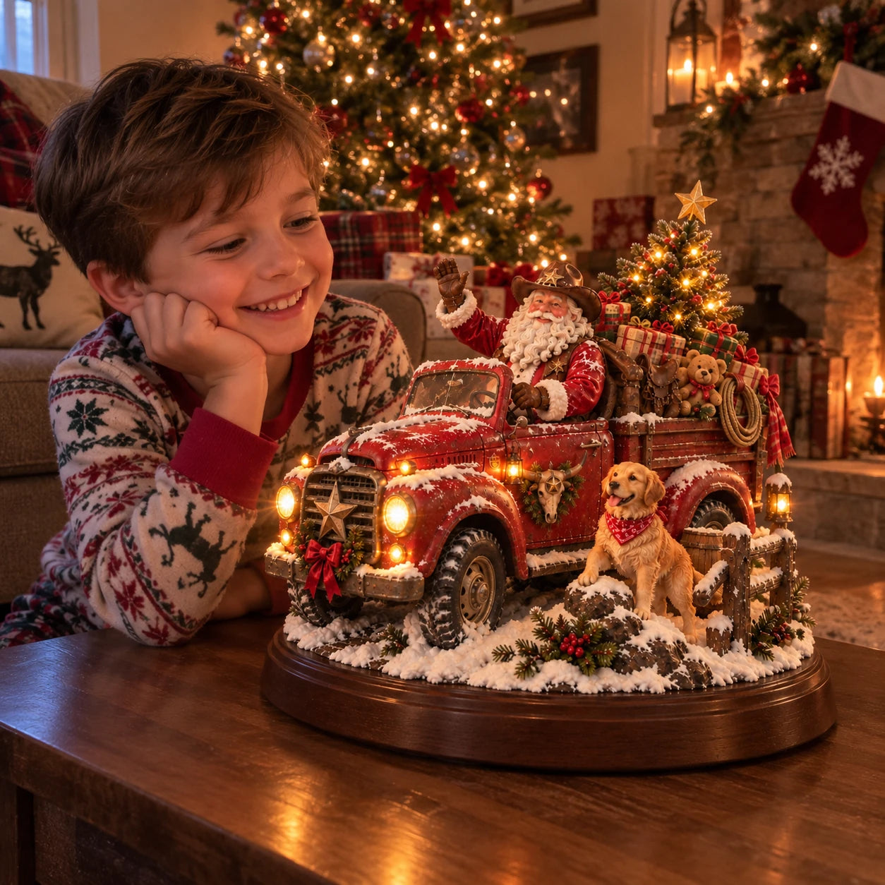 Child admiring the lighted Western Santa Christmas keepsake