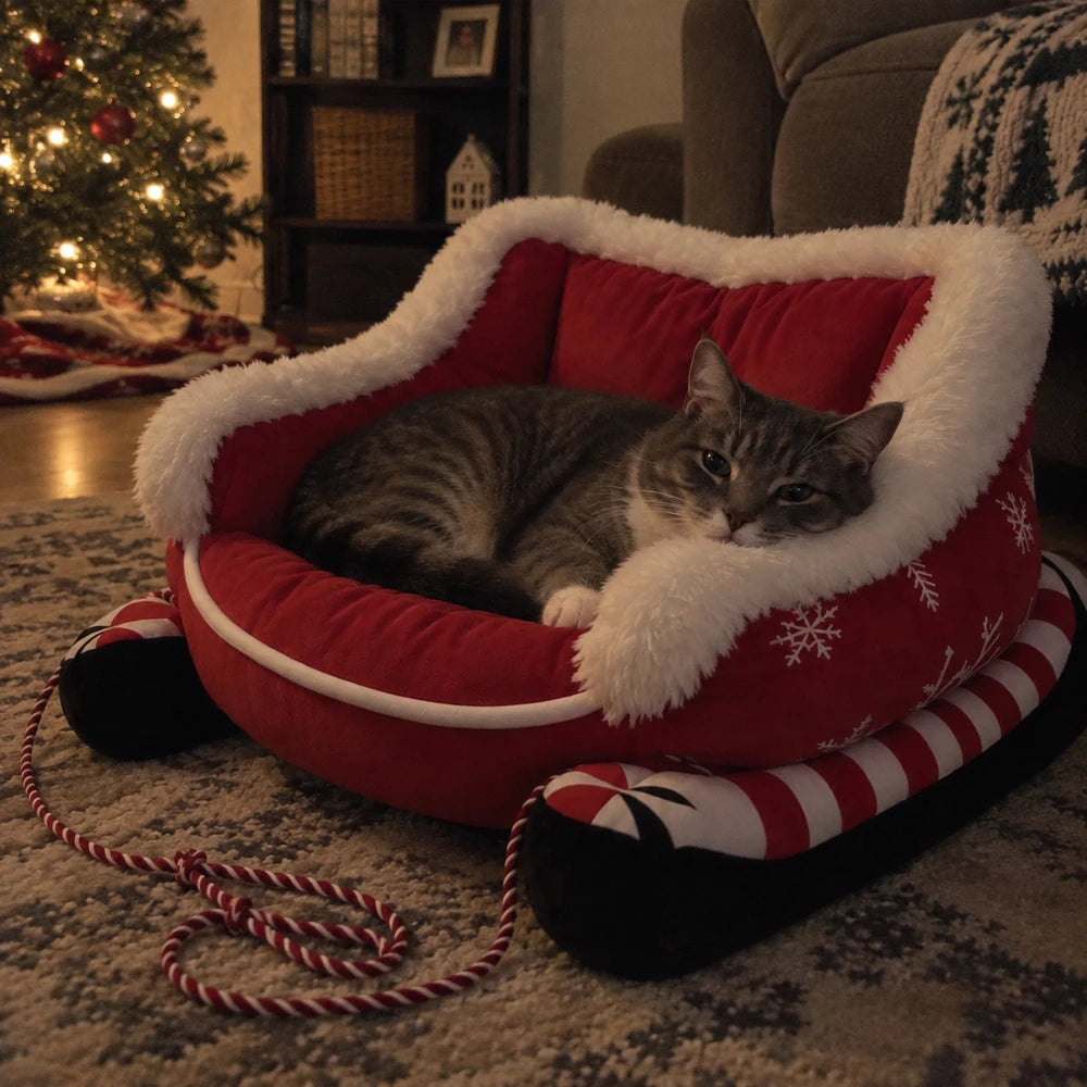 Customer cat resting in the Christmas sleigh pet bed