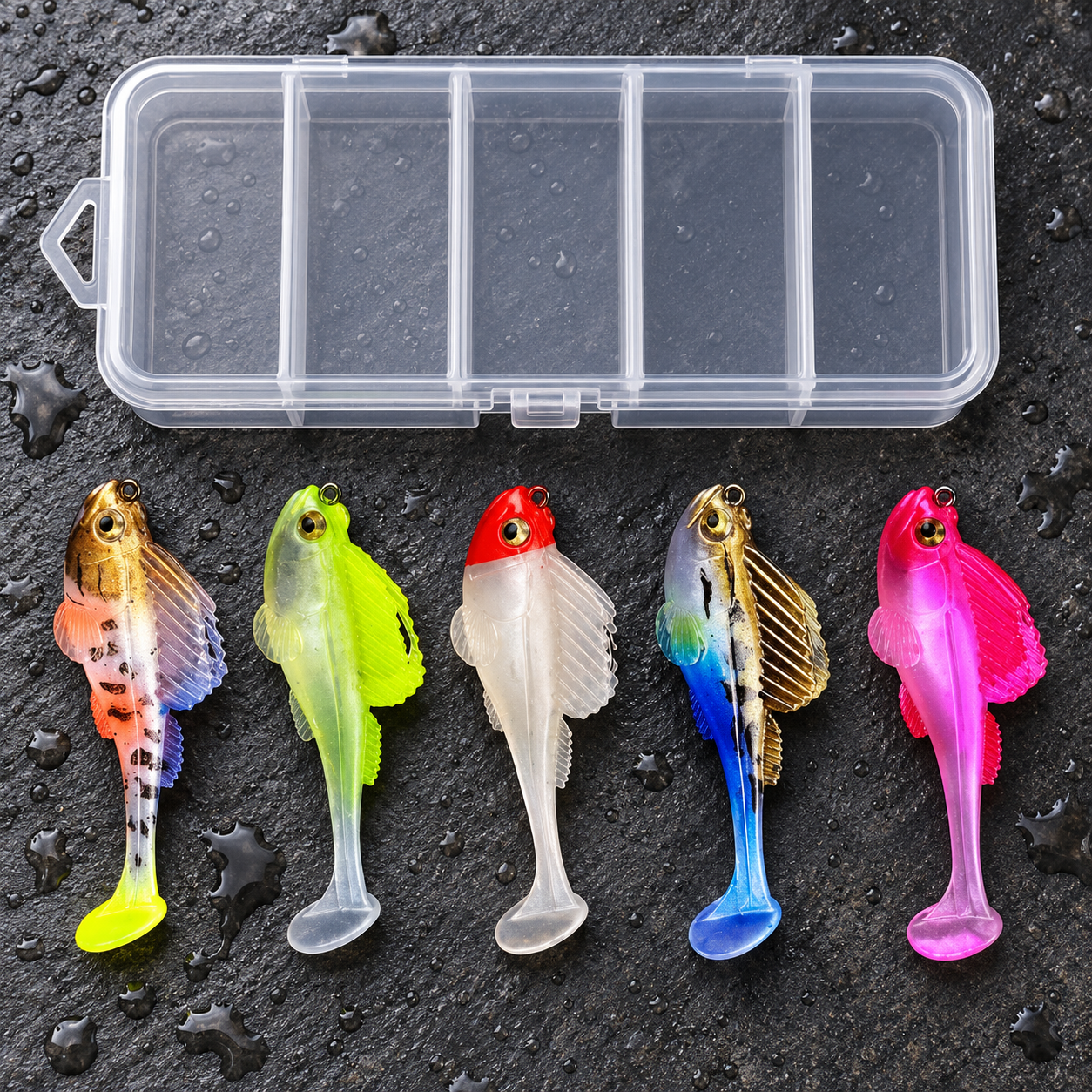 Five colored T-tail lures and their transparent compartment box