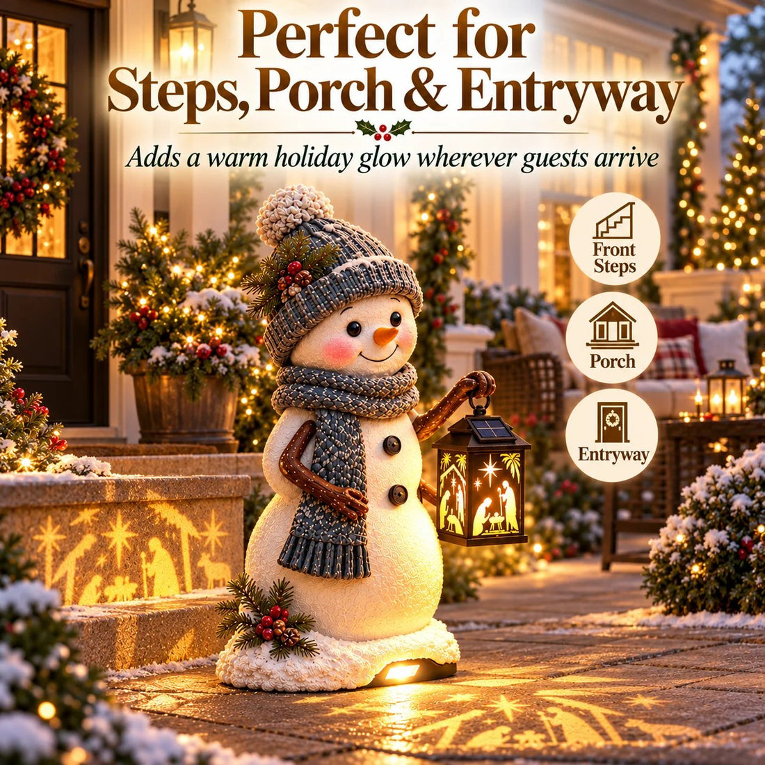 Snowman nativity lantern and Christmas decoration details