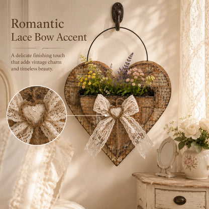 Vintage Farmhouse Heart Wall Planter with Lace Bow