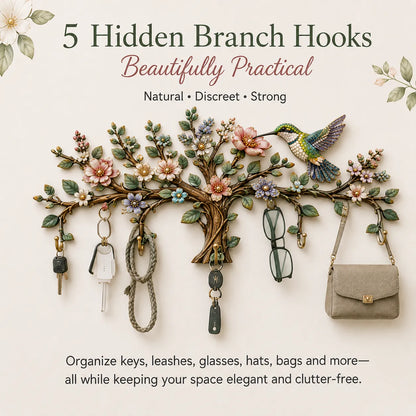 🌿 DIY Hummingbird Tree Wall Organizer Kit | 5‑Hook Wooden Wall Hanger, Botanical Art Decor for Entryway Home Craft Gift