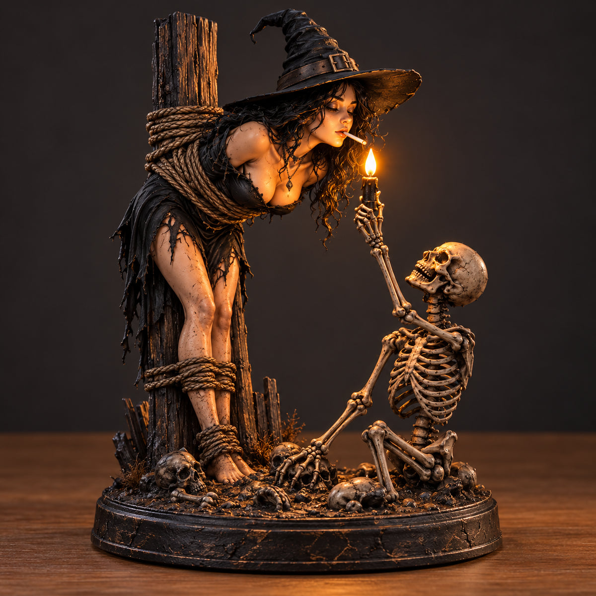 Witch & Skeleton Candle Scene Figurine – Dark Gothic Halloween Tabletop Decor