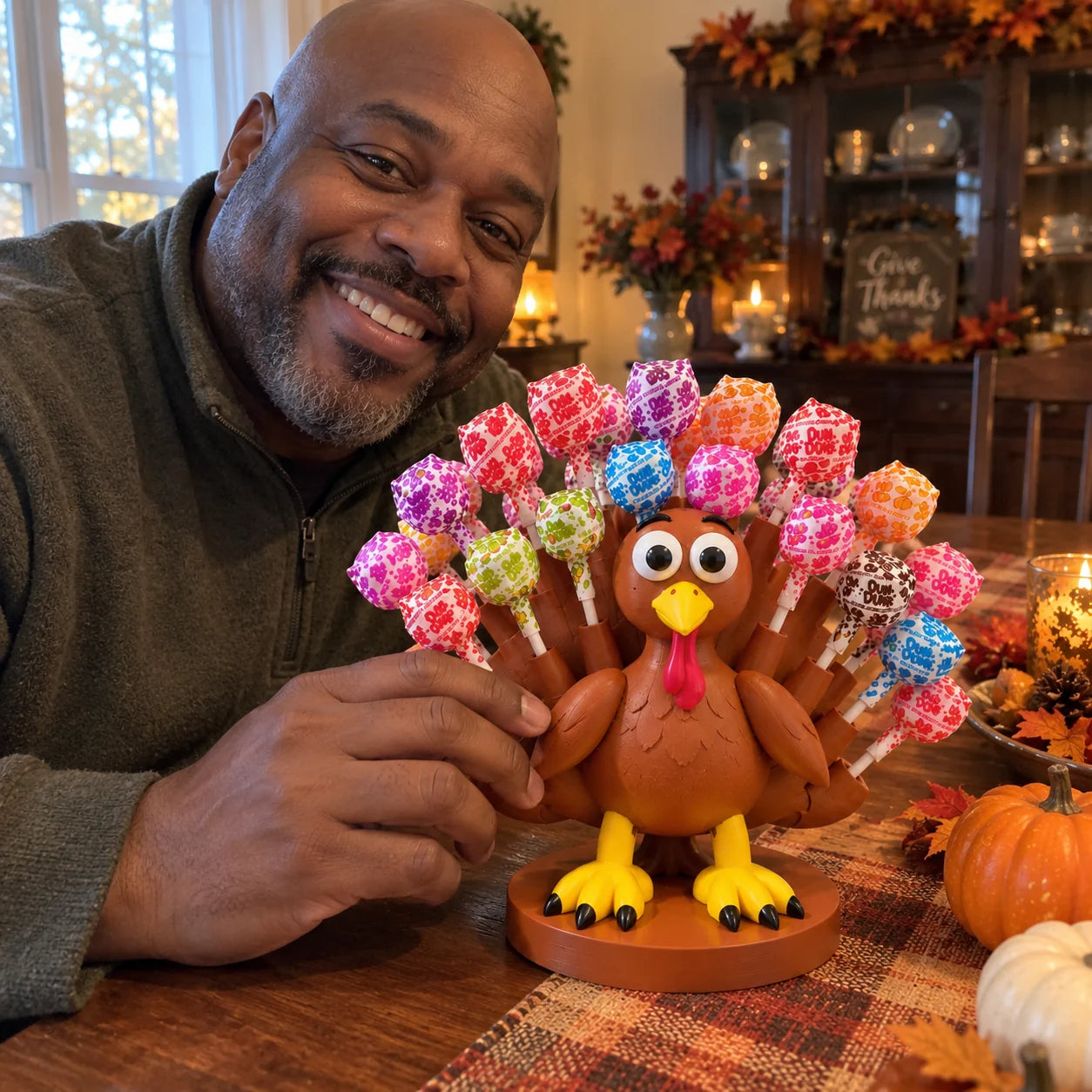 Customer with turkey candy holder