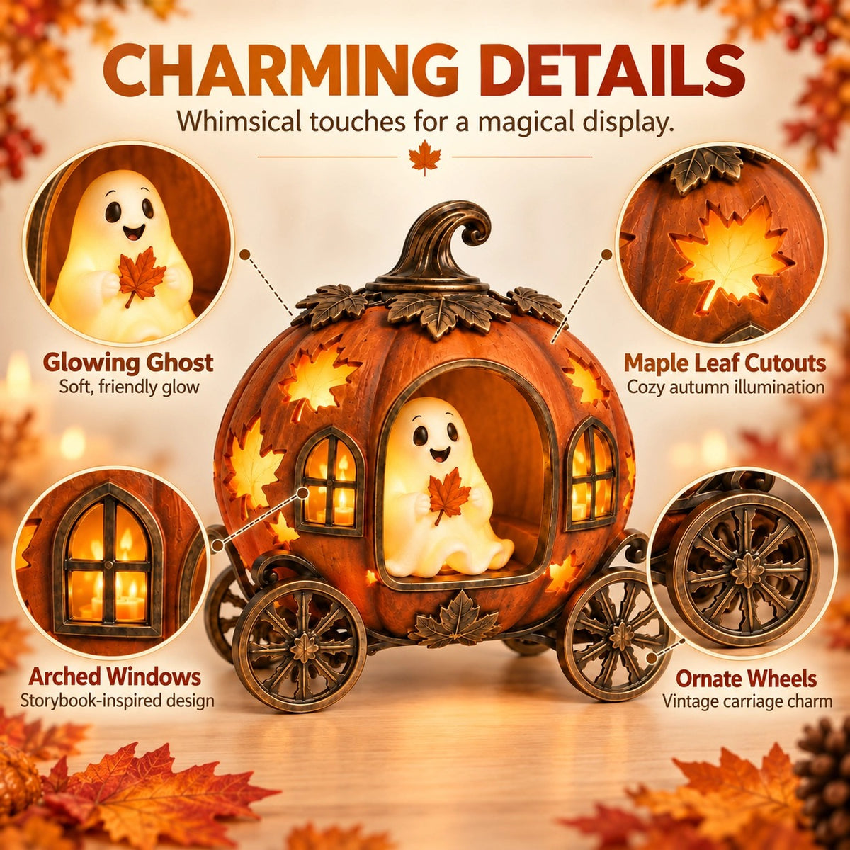 Pumpkin ghost carriage on warm autumn dining table