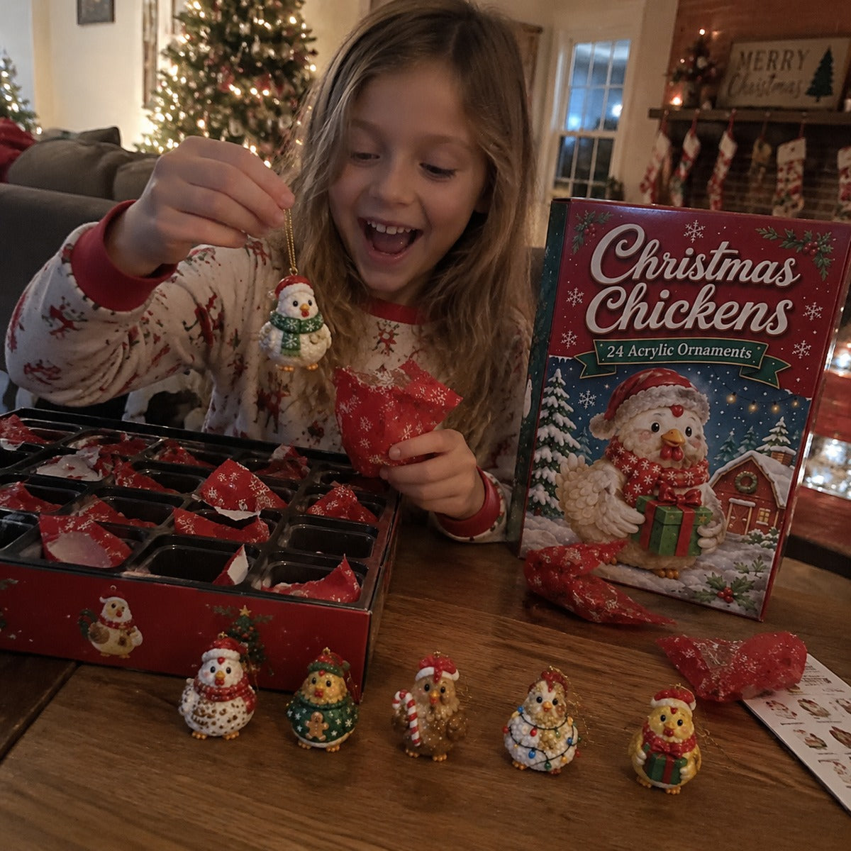 Child holding a Christmas chicken ornament