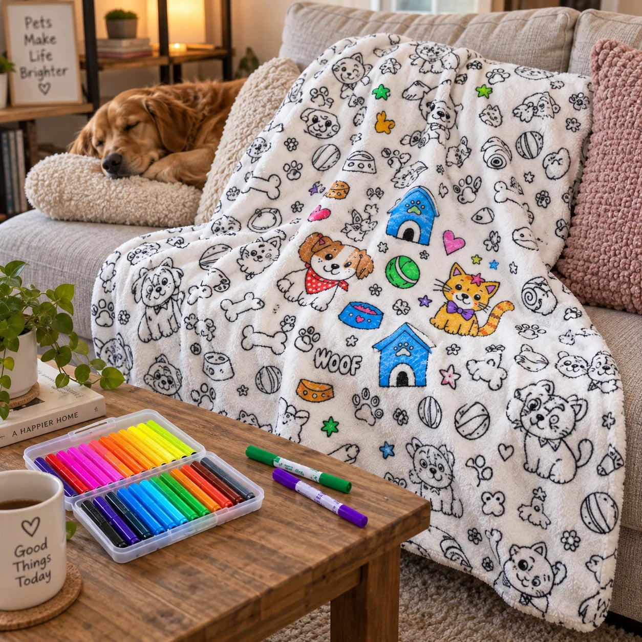 Colored creative blanket displayed on a family sofa