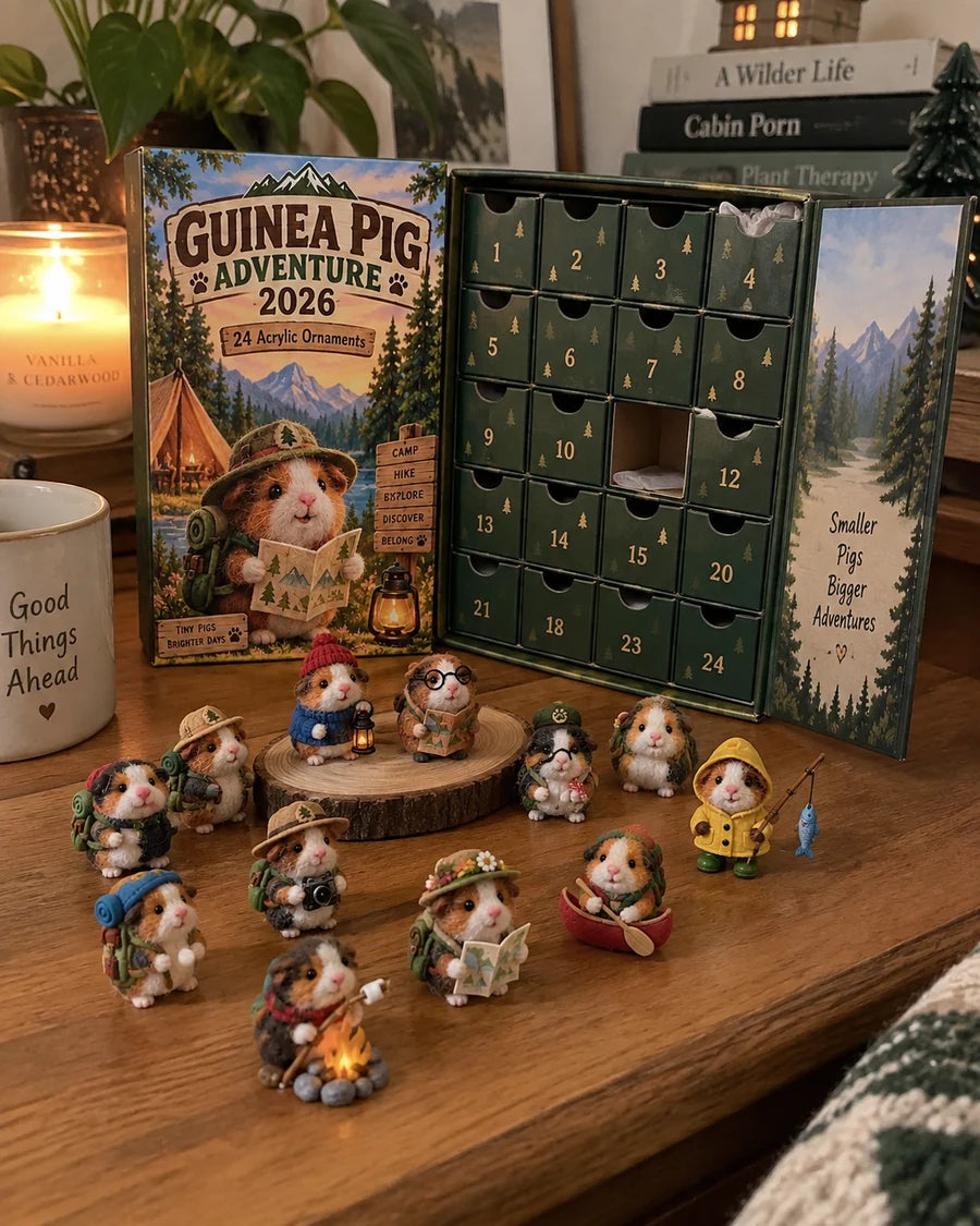 Guinea Pig Adventure advent calendar and collectible figures displayed on a wooden table