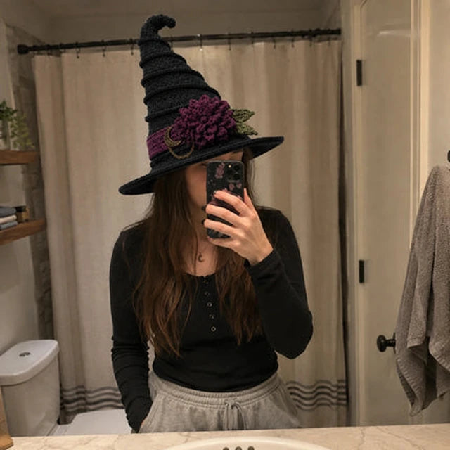 Customer mirror photo styling a black crochet witch hat