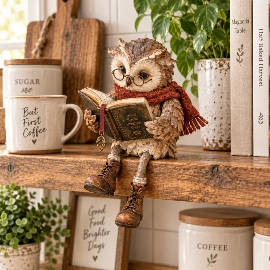 Reading owl figurine on a cozy kitchen shelf beside a coffee mug