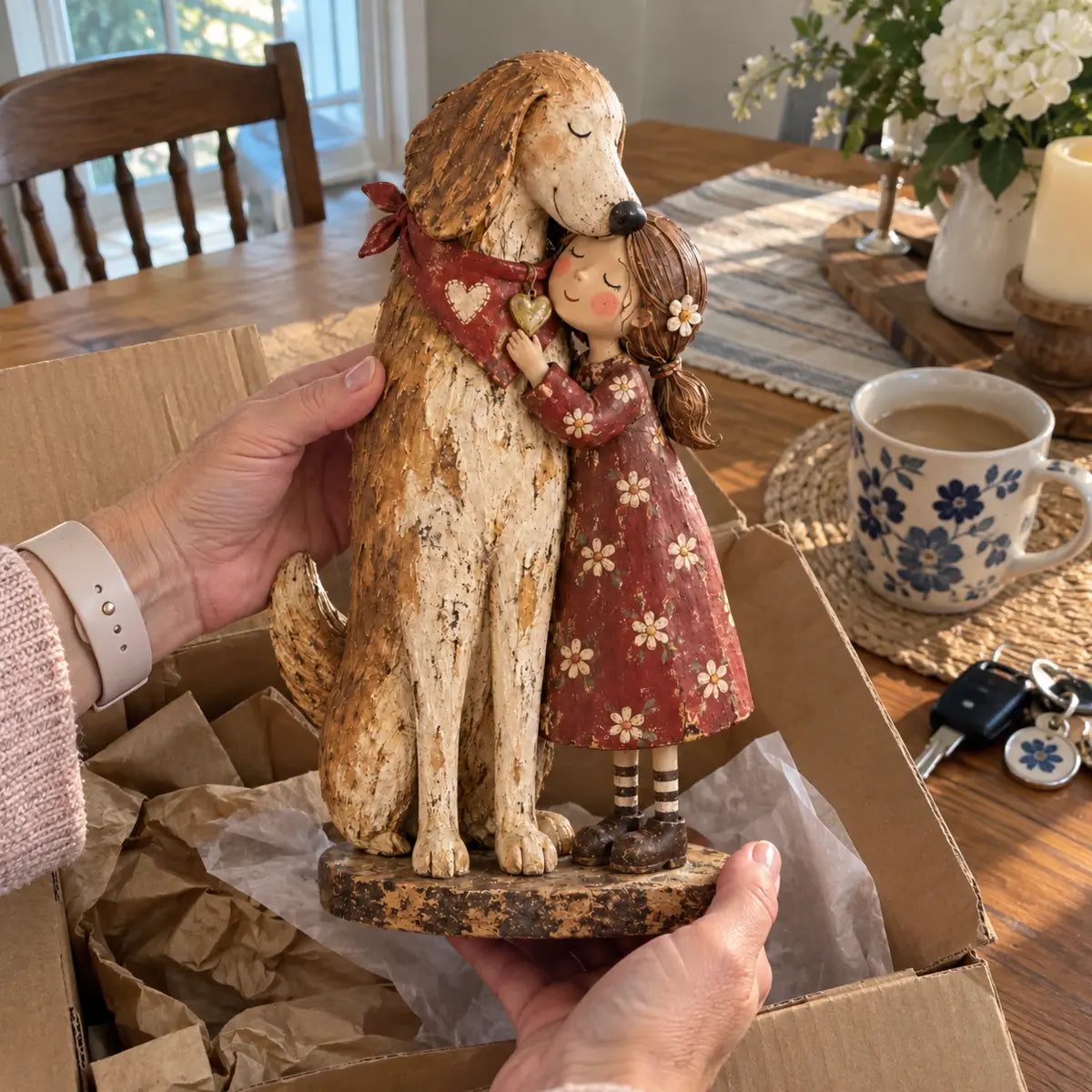 Hands unboxing sentimental girl and dog figurine at home