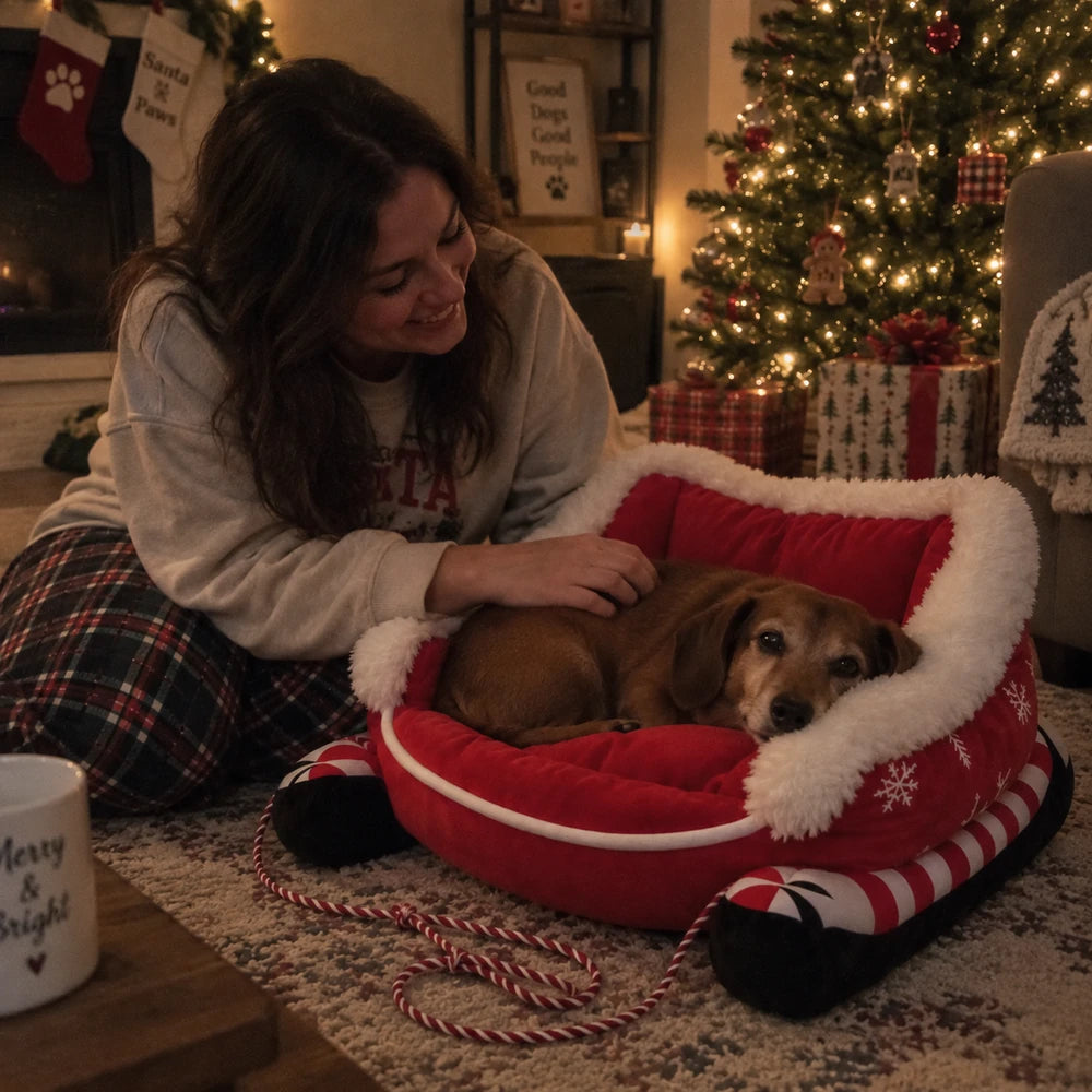 Customer sitting beside a dog relaxing in the red sleigh pet bed