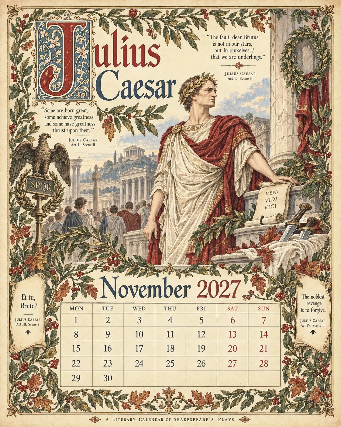 🗓️ A Vintage Literary Year 2027 – ✨ 12 Plays Through the Seasons | Vintage Illustrated Wall Calendar