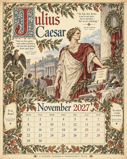 🗓️ A Vintage Literary Year 2027 – ✨ 12 Plays Through the Seasons | Vintage Illustrated Wall Calendar