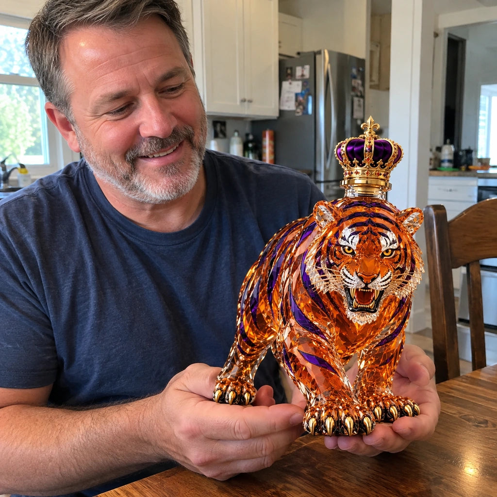 Man holding tiger decanter at home