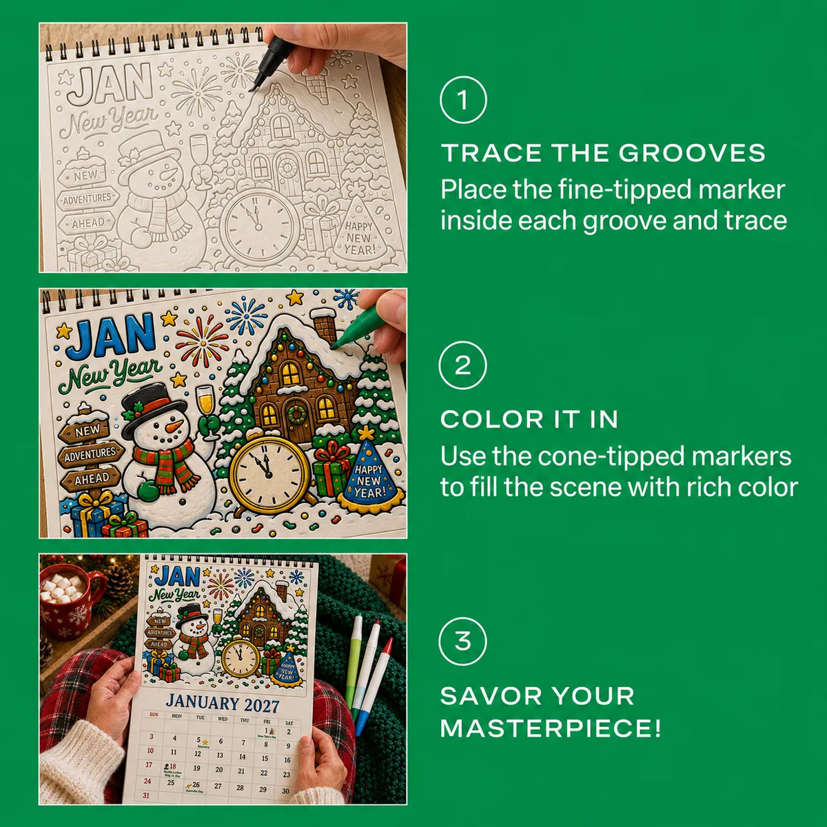 🎨Color The Year 2027: Trace-By-Groove Creative Calendar📅| Seasonal Guided Coloring Wall Calendar With Markers