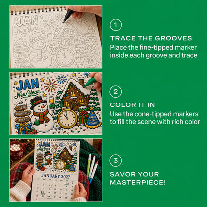 🎨Color The Year 2027: Trace-By-Groove Creative Calendar📅| Seasonal Guided Coloring Wall Calendar With Markers