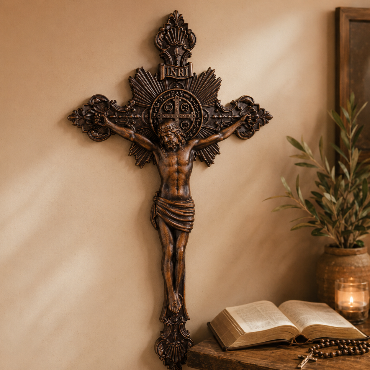 St. Benedict Exorcism Cross wood carved - Bless you and your family - Christian gift presentation