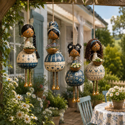 Handcrafted Folk Art Hanging Doll Ornaments – 4-Piece Rotating Decorative Set