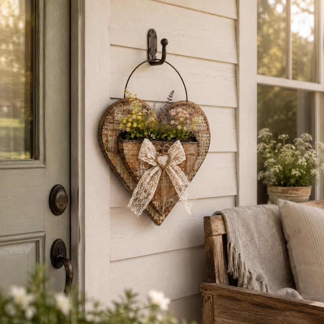 Vintage Farmhouse Heart Wall Planter with Lace Bow