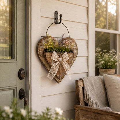 Vintage Farmhouse Heart Wall Planter with Lace Bow