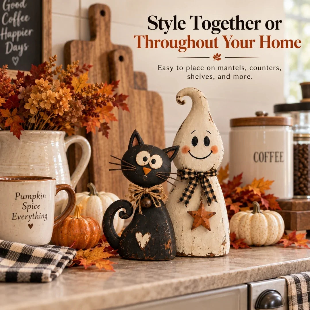 🐈‍⬛ Ghost & Black Cat Halloween Figurines – Vintage-Inspired Decor