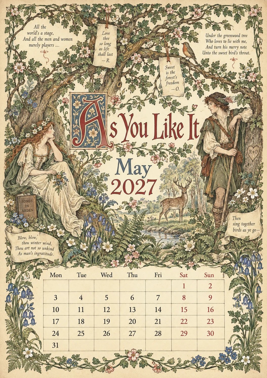 🗓️ A Vintage Literary Year 2027 – ✨ 12 Plays Through the Seasons | Vintage Illustrated Wall Calendar