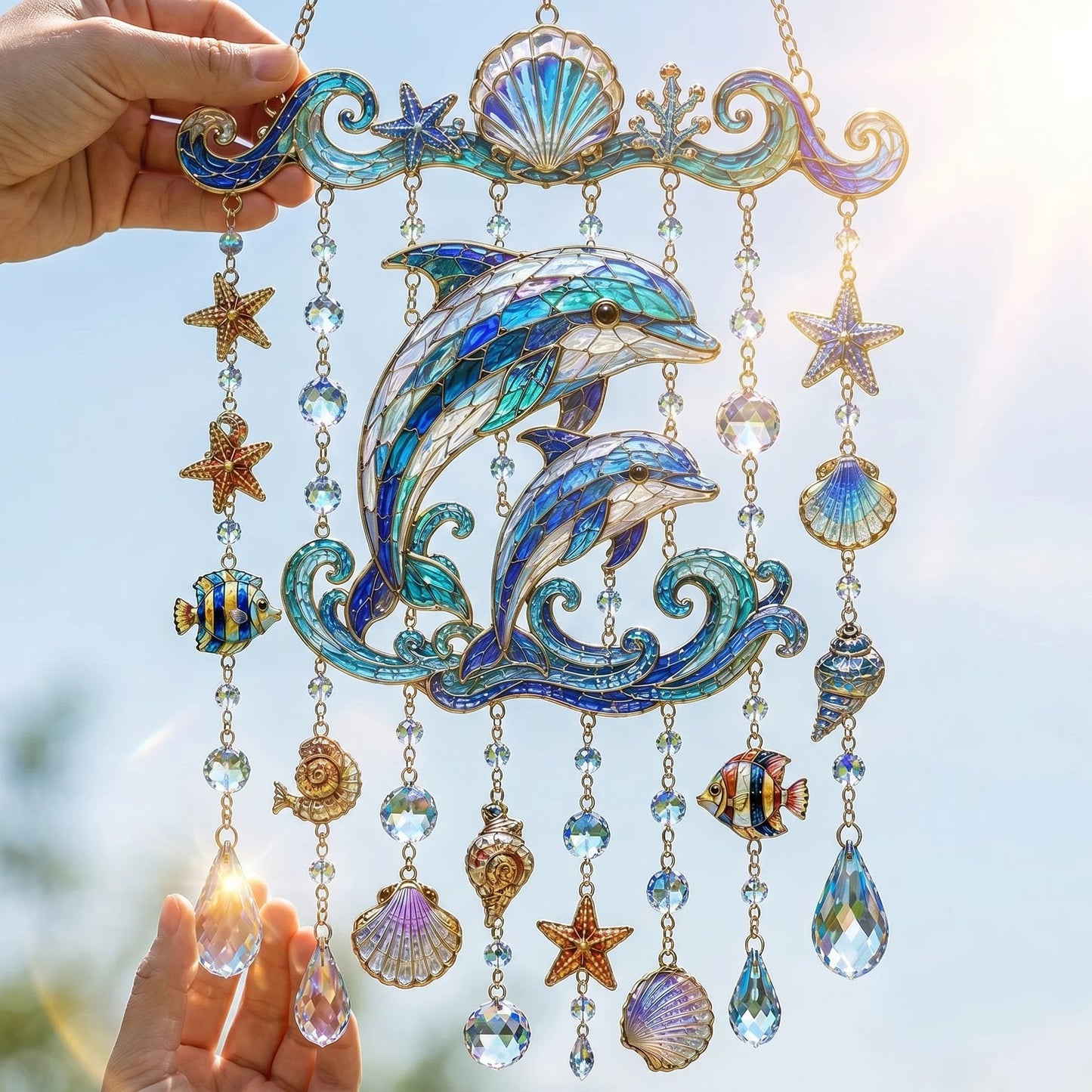 🐬🐢Ocean-Themed Crystal Wind Chime – 🌊Bring the Ocean Glow to Your Garden
