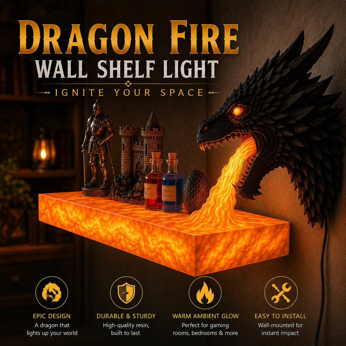 🐲 50% OFF Today! Remote-Control Dragonfire Shelf for Epic Room Decor