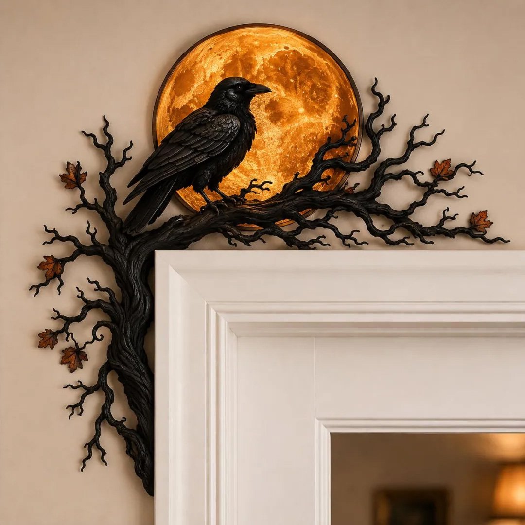 🐦‍⬛🌕 Midnight Raven Doorway Accent – Gothic Harvest Moon Corner Decor