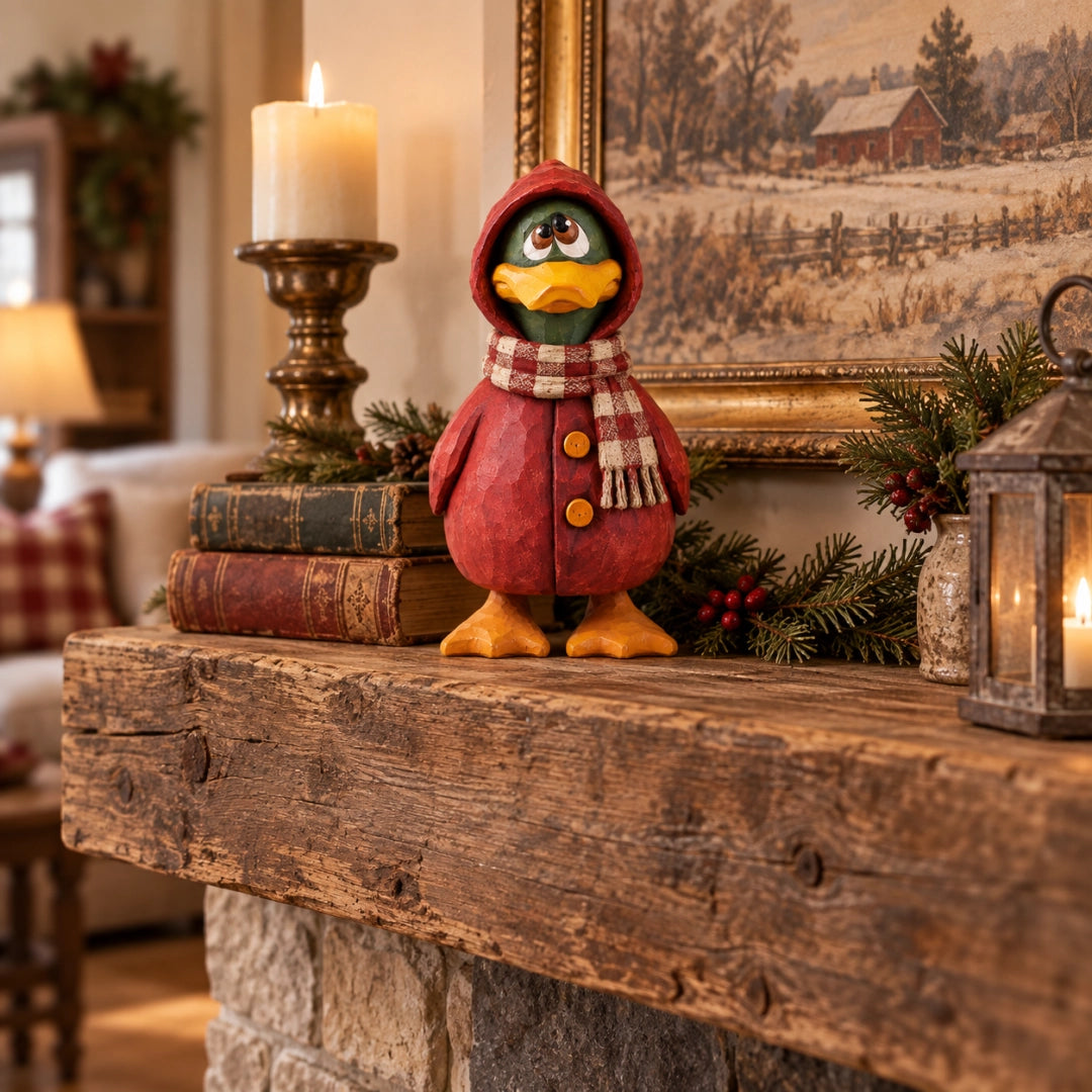 Rustic Wooden Duck Figurine with Scarf, Hand-Painted Farmhouse Animal Decor