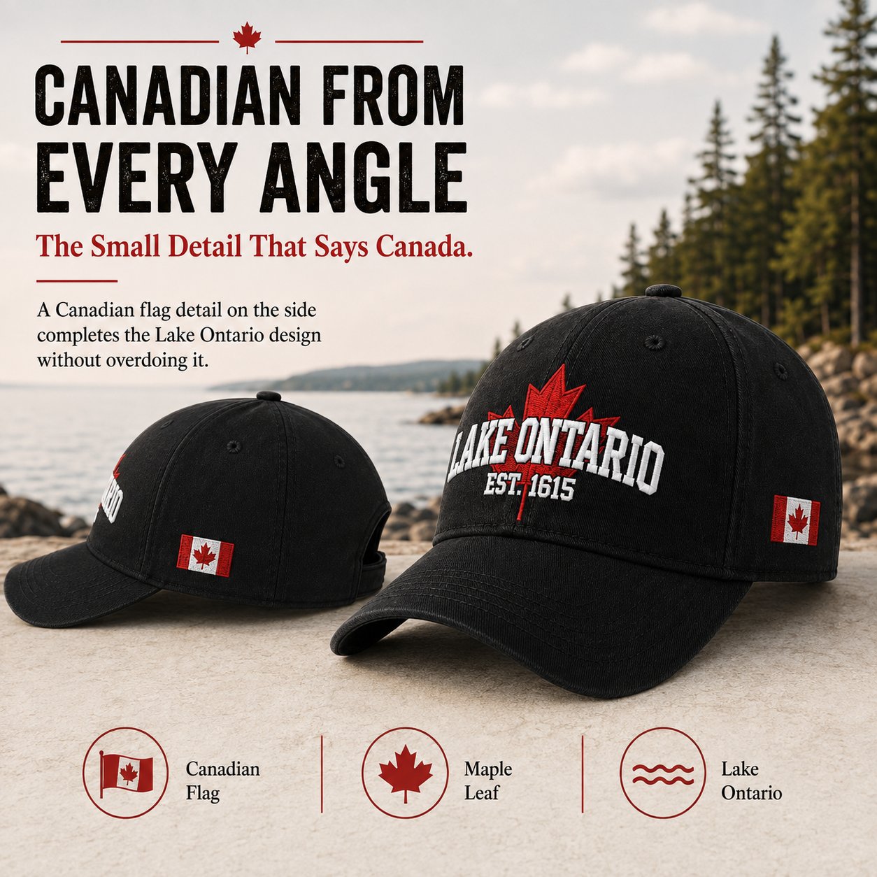 Lake Ontario cap embroidery shown from multiple angles