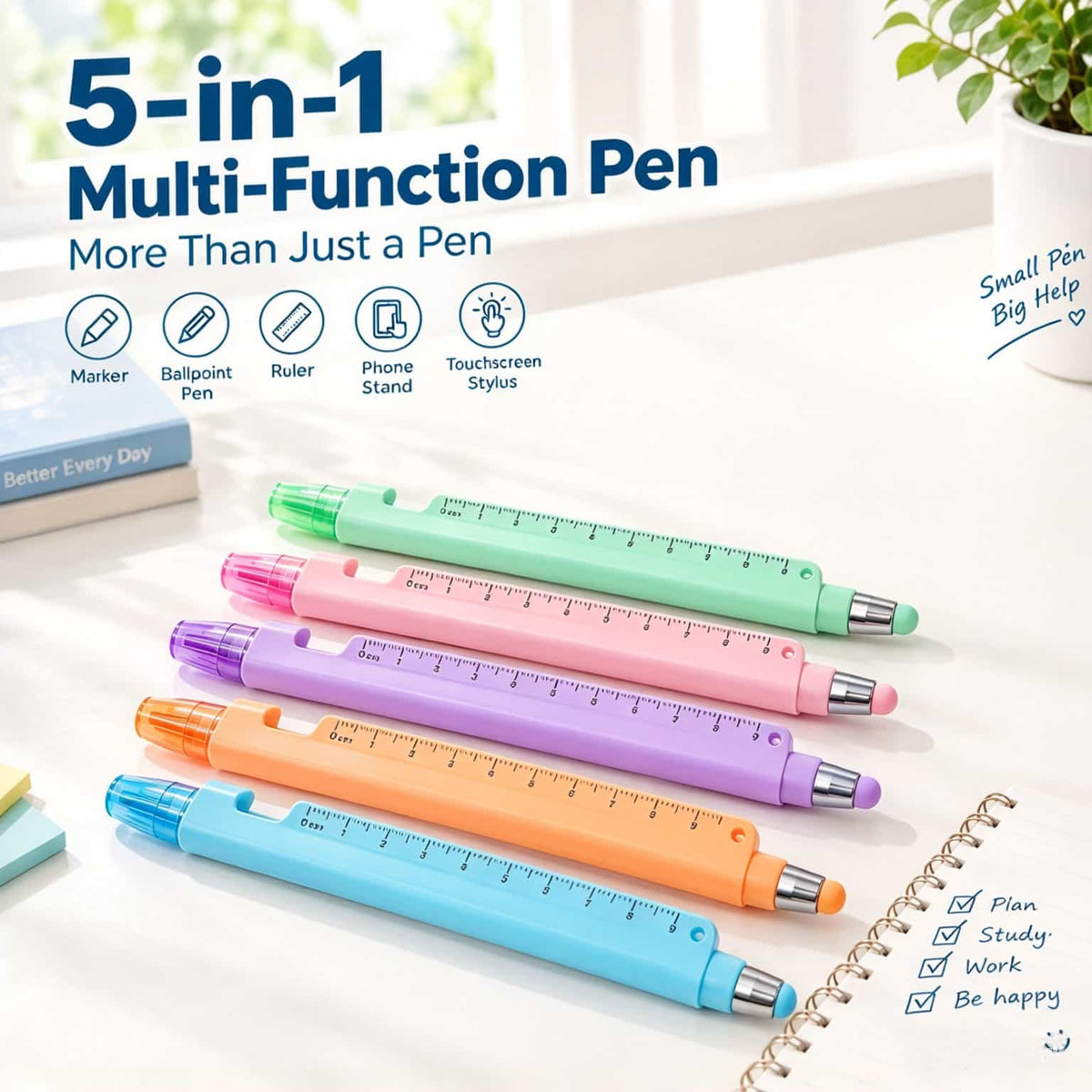 🖊️5-in-1 Multifunction Ruler Stylus Pen – 0.5mm Writing & Marker Tool