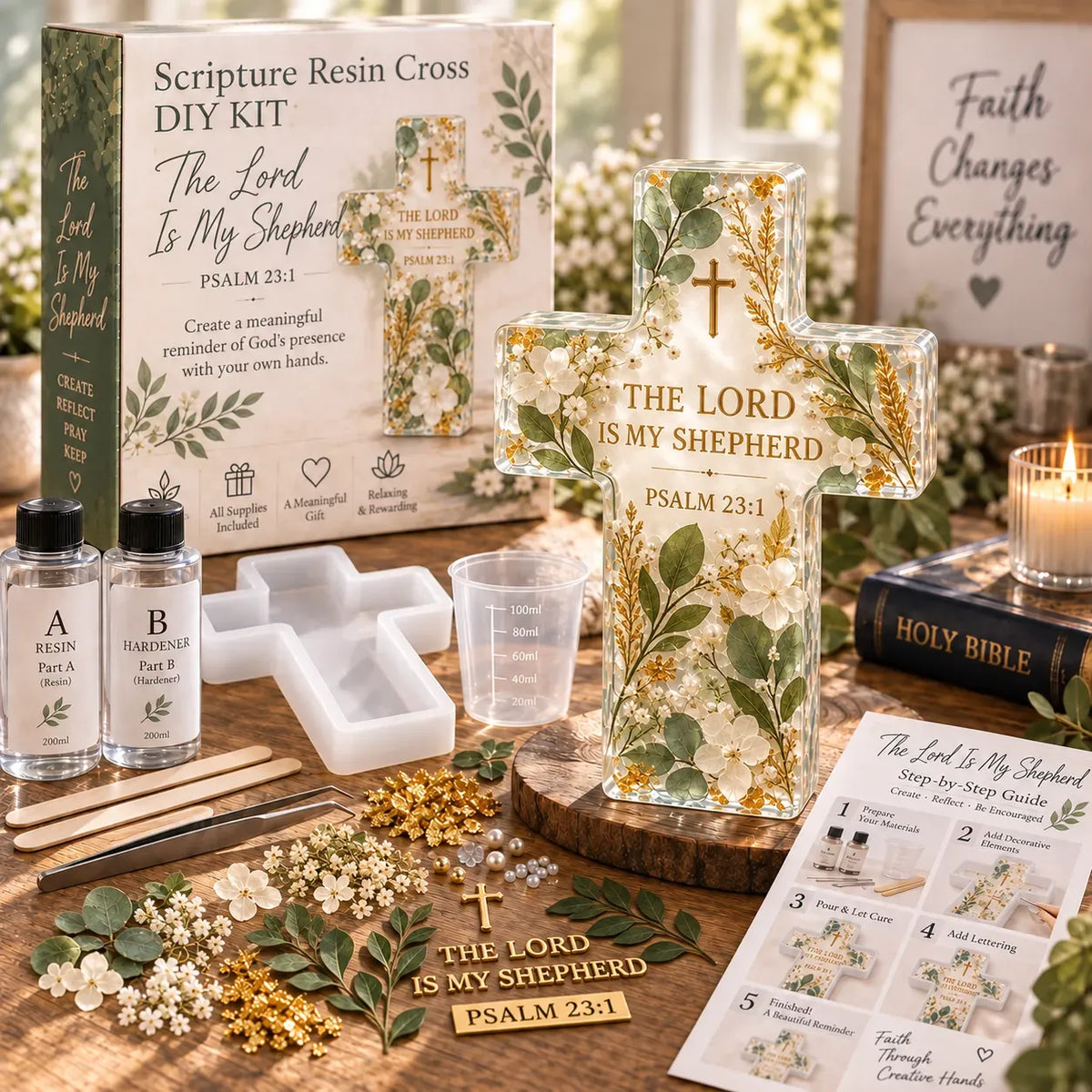 ✝️🌸 Faithful Floral Resin Cross Craft Set – Complete Beginner DIY Keepsake Kit