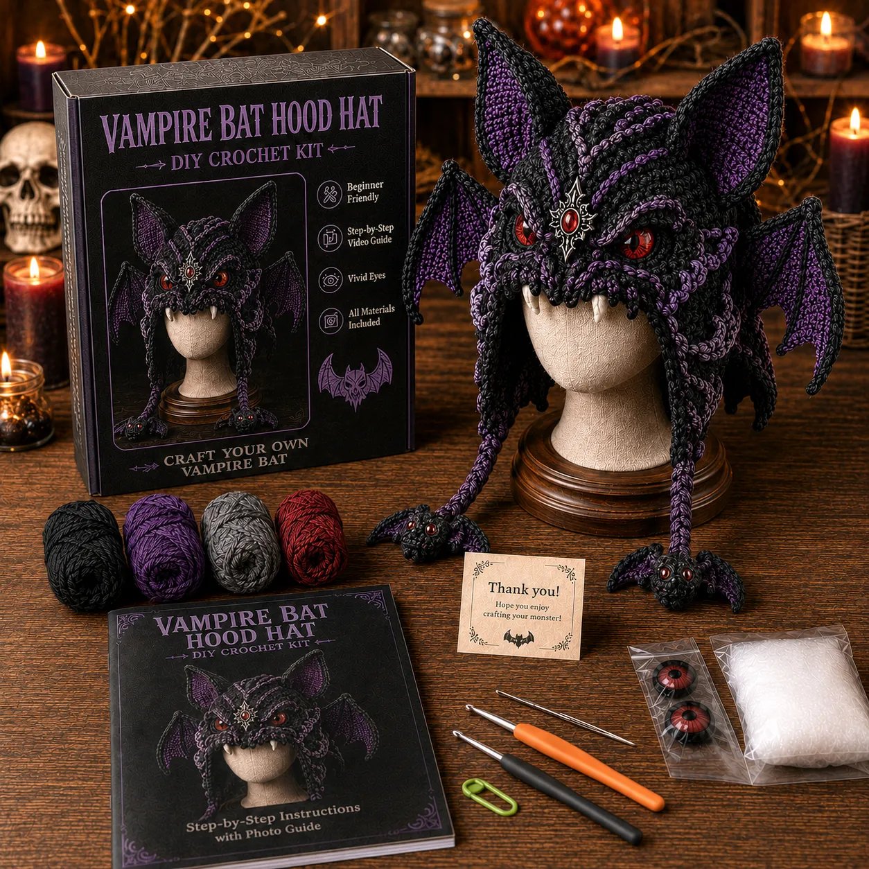 🎭🎃 Halloween Monster Hood DIY Crochet Kit | Premium Soft Yarn Materials with Step-by-Step Guide DIY Handmade Wearable Character Hood 🧶✨