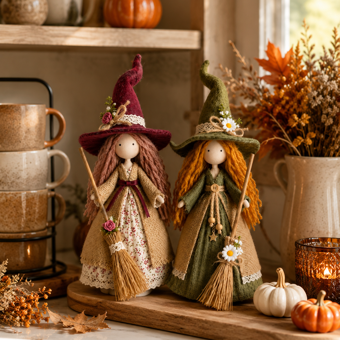 Whimsical Harvest Witch Dolls — Set of 2