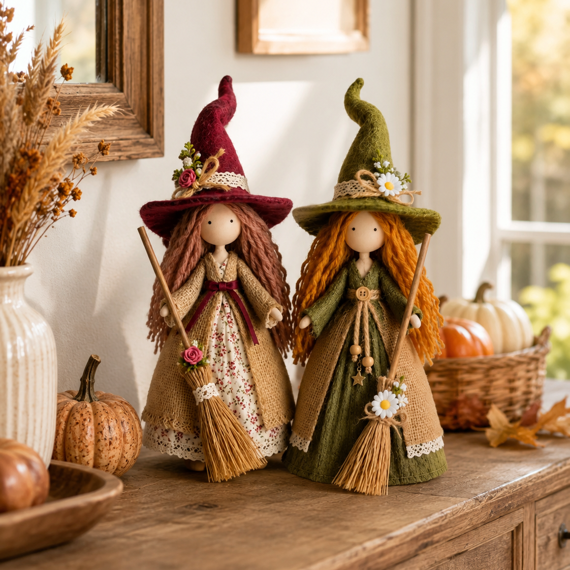 Whimsical Harvest Witch Dolls — Set of 2