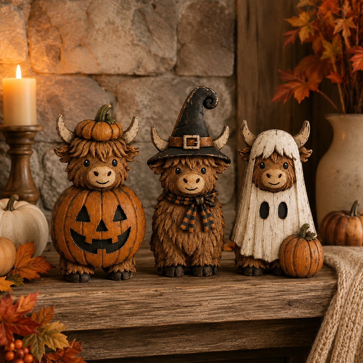 3-Piece Halloween Highland Cow Figurine Set