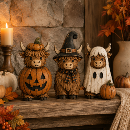 3-Piece Halloween Highland Cow Figurine Set
