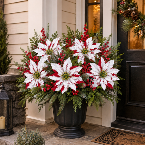 Christmas Poinsettia Planter Inserts – Set of 6 Red & White Holiday Floral Picks