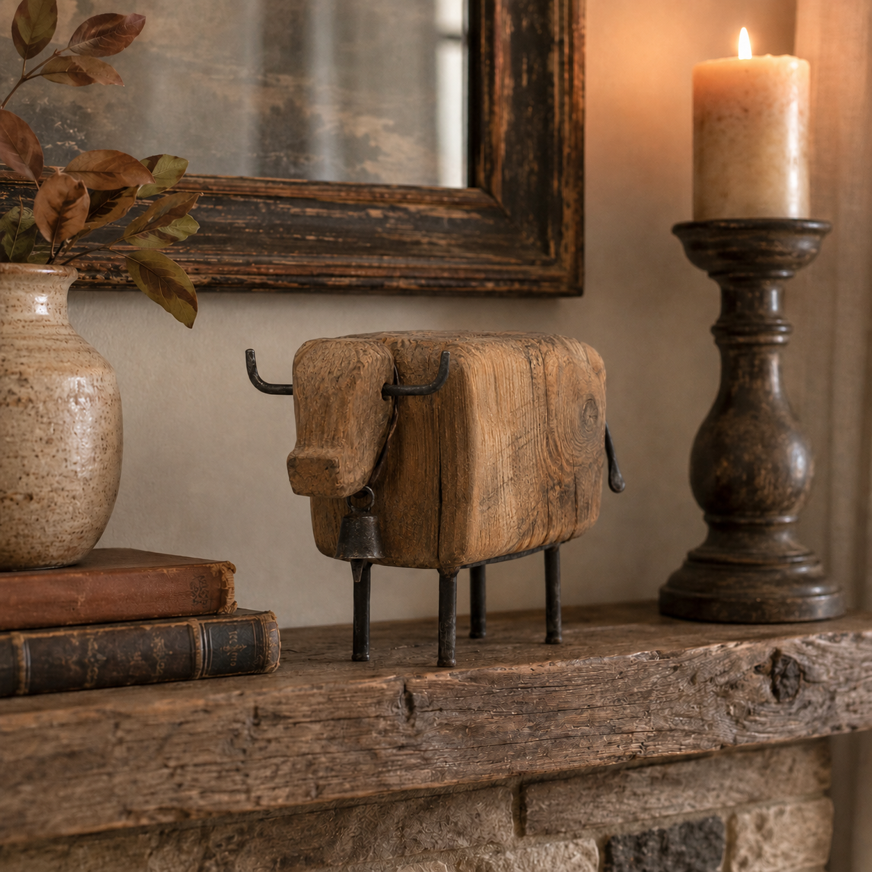 Vintage Wooden Cow Figurine with Metal Bell