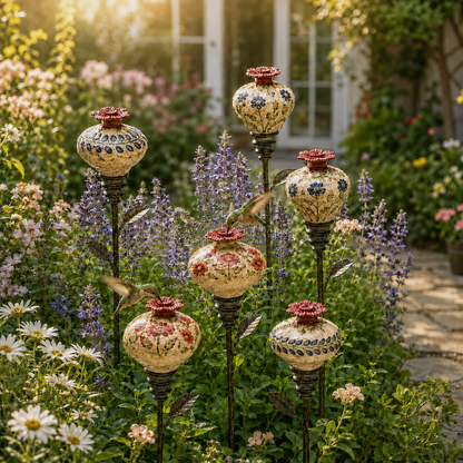 Vintage Ceramic Hummingbird Feeder Garden Stake