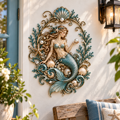 Mermaid & Pearl Ocean Metal Wall Decor – Coastal Beach House Wall Art