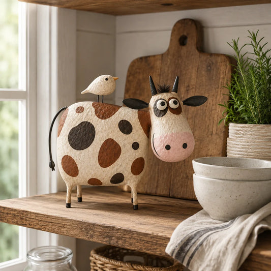 Whimsical Cow & Bird Folk Art Figurine – Rustic Farmhouse Tabletop Decor Gift